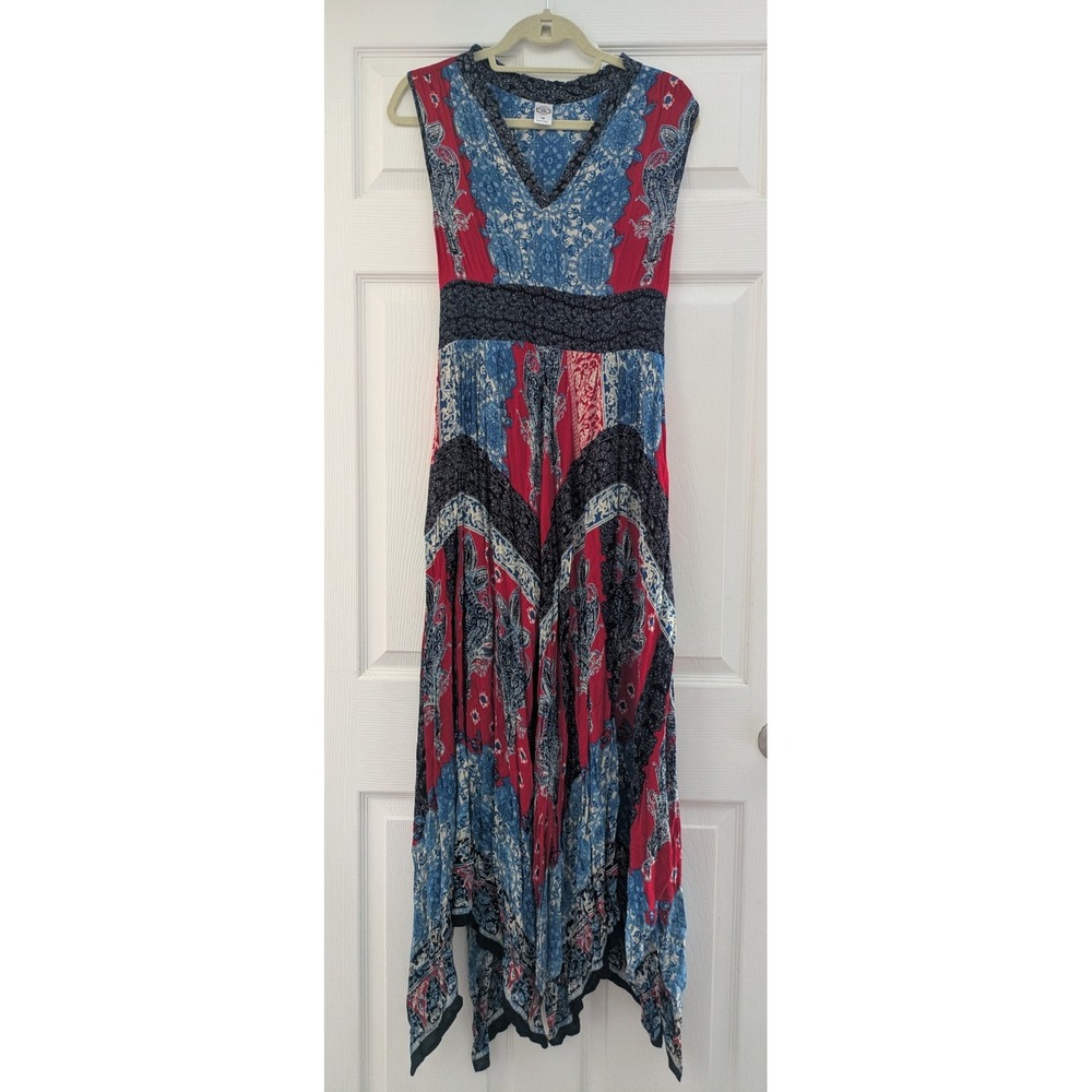 Bila Red White Blue Bandana Paisley Sleeveless V Neck Boho India Long Maxi Dress